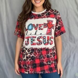 “Love Like Jesus Graphic Tee 4XL Plus Size Leopard Plaid Cross Faith Top”